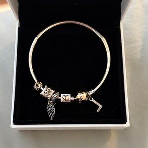 Pandora Silver Two-Tone Charm Bangle with Heart, Wing & Number Charms